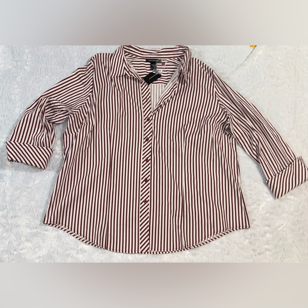 Ashley Stewart Vertical Stripe Button-Down Shirt - Red & White